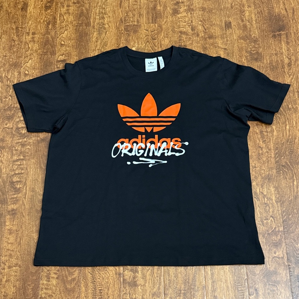 adidas Originals Black Tee with Orange Trefoil and White Script Size XXL